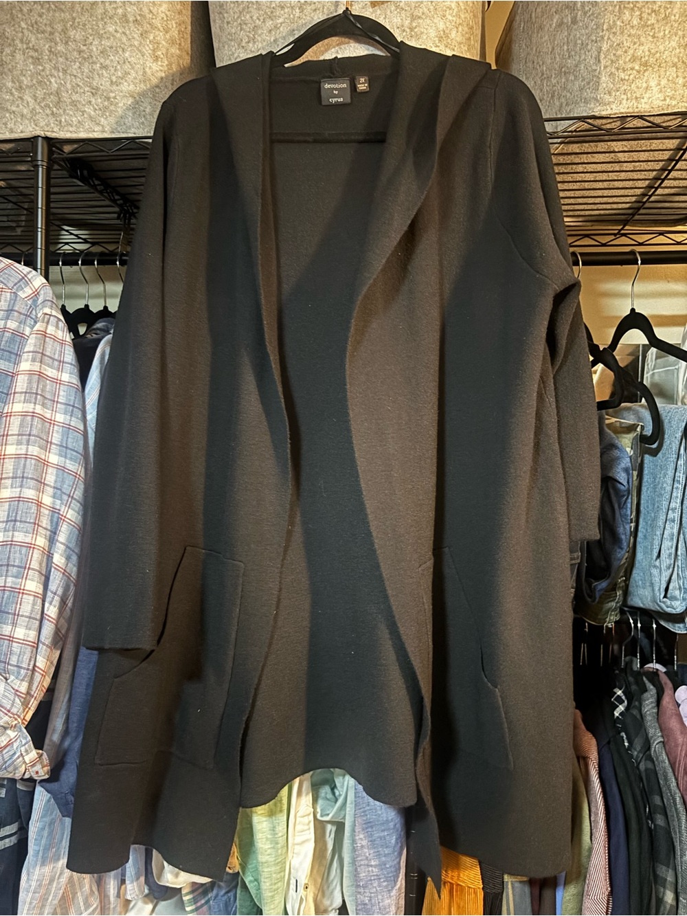 Cyrus Black Hooded Open-Front Knit Coatigan